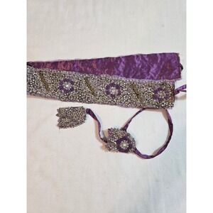 Handmade Embellished Beaded Flower Belt Purple Fabric Tie Waist Accessory Women